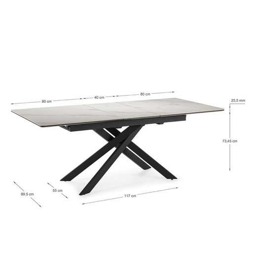 Extendable dining table made of synthetic stone and metal in black and white, 160-200 x 89.5 x 76 cm | Belma