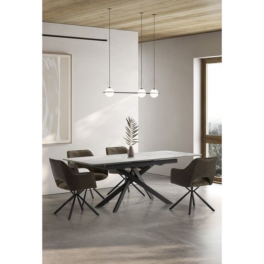 Extendable dining table made of synthetic stone and metal in black and white, 160-200 x 89.5 x 76 cm | Belma