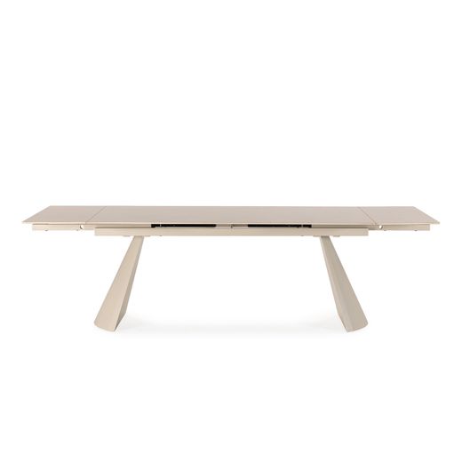 Mesa de comedor extensible de piedra y metal en beige, 180-260 x 90 x 76 cm | Prisca