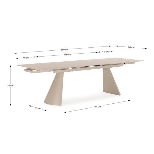 Uitschuifbare eettafel in steen en metaal, beige, 180-260 x 90 x 76 cm | Prisca