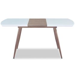 High-gloss lacquered extendable dining table and white glass with imitation wood metal structure, 140/180 x 80 x 76 cm