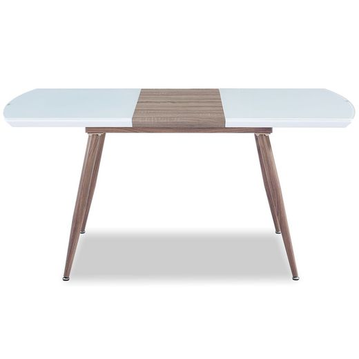 High-gloss lacquered extendable dining table and white glass with imitation wood metal structure, 140/180 x 80 x 76 cm