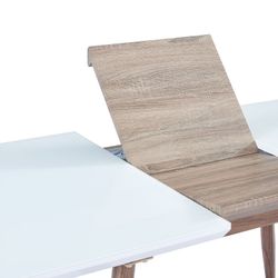 High-gloss lacquered extendable dining table and white glass with imitation wood metal structure, 140/180 x 80 x 76 cm