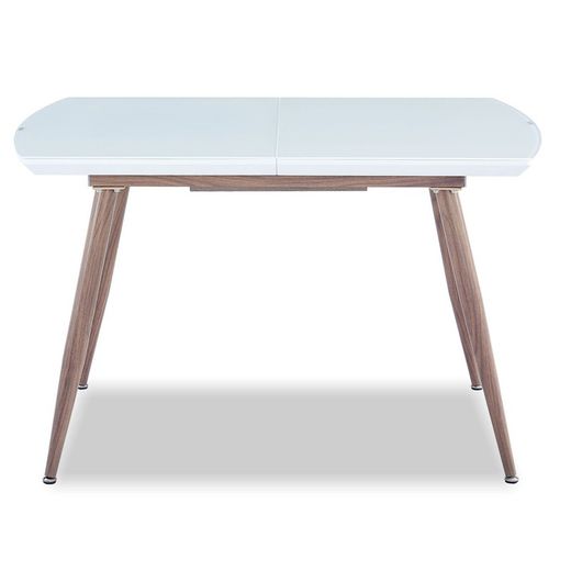 High-gloss lacquered extendable dining table and white glass with imitation wood metal structure, 140/180 x 80 x 76 cm