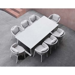 Garten-Essgruppe aus Aluminium, Glas und Stoff in Weiß und Grau | Babylon + Attika