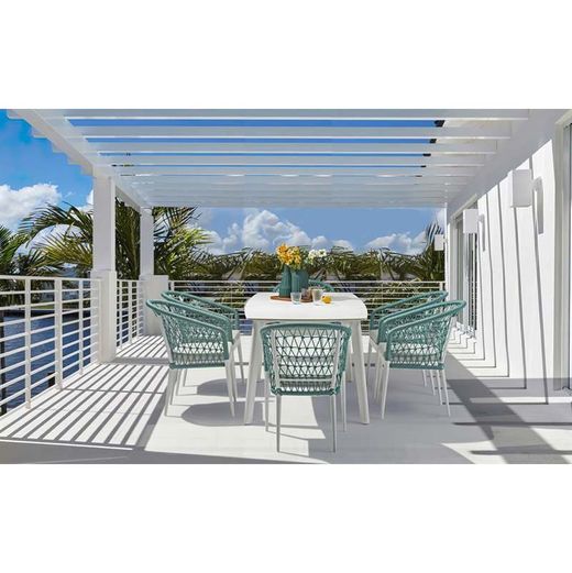 Aluminum, porcelain, and rope garden dining set in white and greige | Nelayan