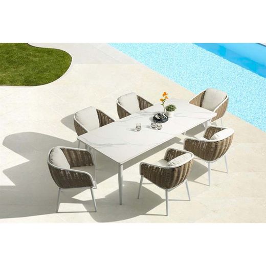 Garden dining table in aluminium and white porcelain, 220 x 100 x 75 cm | Irvine