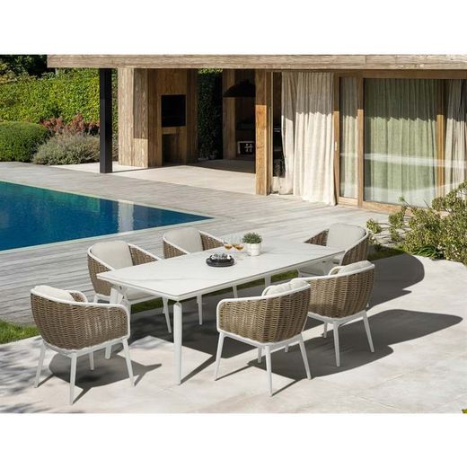 Garden dining table in aluminium and white porcelain, 220 x 100 x 75 cm | Irvine