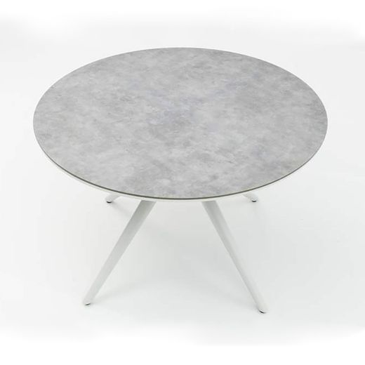 Runder Garten-Esstisch aus Aluminium und Keramikglas in Weiß und Hellgrau, 120 x 120 x 75 cm | Orick