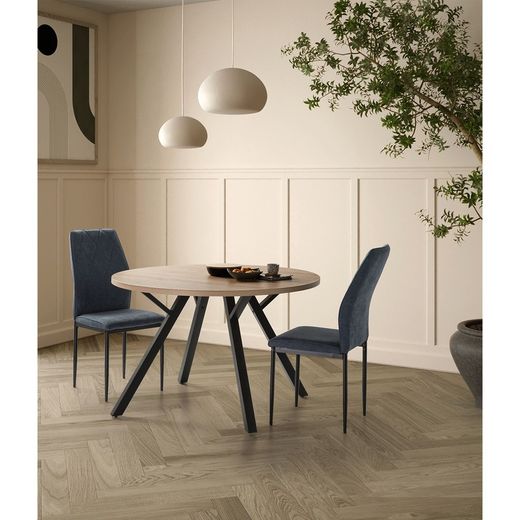 Table à manger ronde BENI en mélaminé et métal naturel/noir, Ø120x77 cm