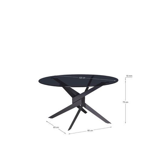 Table à manger ronde en verre trempé et métal en noir et gris, 120 x 120 x 76 cm | Jenna