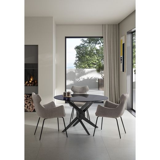 Table à manger ronde en verre trempé et métal en noir et gris, 120 x 120 x 76 cm | Jenna