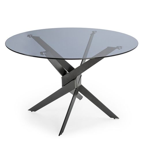 Table à manger ronde en verre trempé et métal en noir et gris, 120 x 120 x 76 cm | Jenna