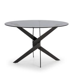 Table à manger ronde en verre trempé et métal en noir et gris, 120 x 120 x 76 cm | Jenna