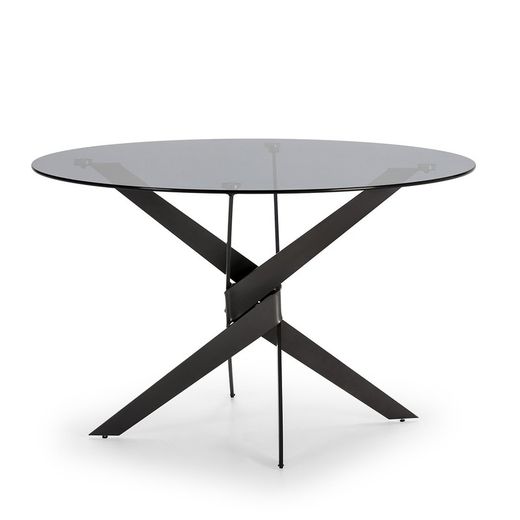 Table à manger ronde en verre trempé et métal en noir et gris, 120 x 120 x 76 cm | Jenna