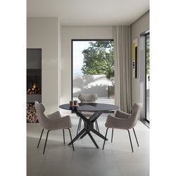 Table à manger ronde en verre trempé et métal en noir et gris, 140 x 140 x 76 cm | Jenna