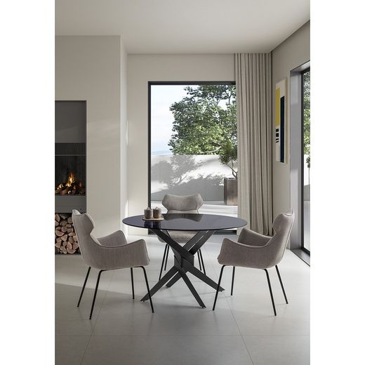 Table à manger ronde en verre trempé et métal en noir et gris, 140 x 140 x 76 cm | Jenna