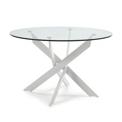 Round tempered glass and metal dining table in transparent and white, 120 x 120 x 76 cm | Ruth
