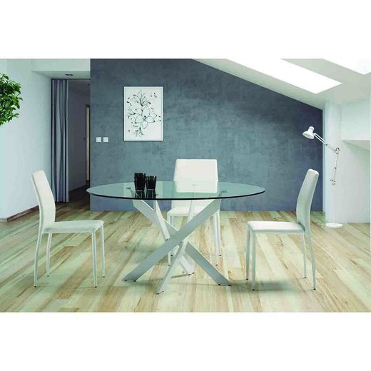 Round tempered glass and metal dining table in transparent and white, 120 x 120 x 76 cm | Ruth