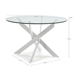 Round tempered glass and metal dining table in transparent and white, 120 x 120 x 76 cm | Ruth