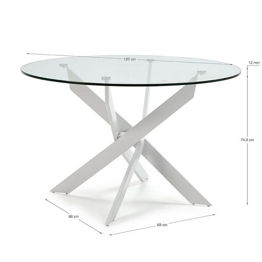 Round tempered glass and metal dining table in transparent and white, 120 x 120 x 76 cm | Ruth