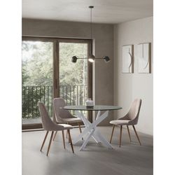 Round tempered glass and metal dining table in transparent and white, 120 x 120 x 76 cm | Ruth