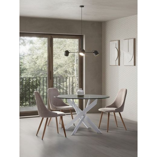 Round tempered glass and metal dining table in transparent and white, 120 x 120 x 76 cm | Ruth