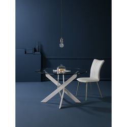 Round tempered glass and metal dining table in transparent and white, 120 x 120 x 76 cm | Ruth