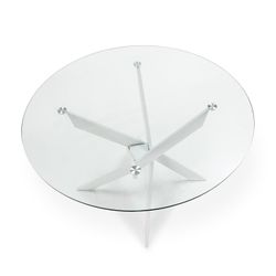 Round tempered glass and metal dining table in transparent and white, 120 x 120 x 76 cm | Ruth