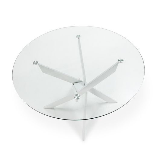Round tempered glass and metal dining table in transparent and white, 120 x 120 x 76 cm | Ruth