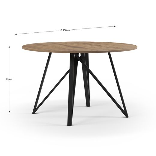 Table de salle à manger ronde en bois et métal, couleur chêne, 130 x 130 x 75 cm | Salma