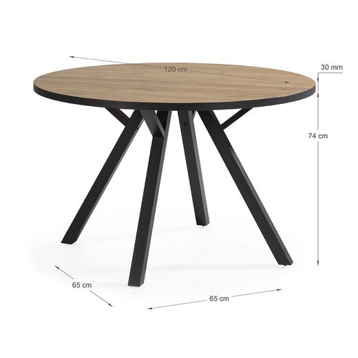 Round dining table made of wood and metal in natural and black, 120 x 120 x 77 cm | Beni