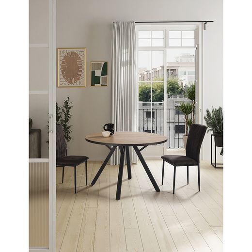 Round dining table made of wood and metal in natural and black, 120 x 120 x 77 cm | Beni