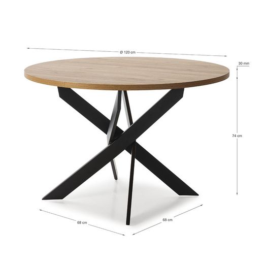 Round dining table made of wood and metal in natural and black, 120 x 120 x 77 cm | Ther