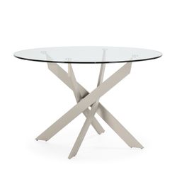 Runder Esstisch aus cremefarbenem Metall und Sicherheitsglas, 120 x 120 x 76 cm | Ruth