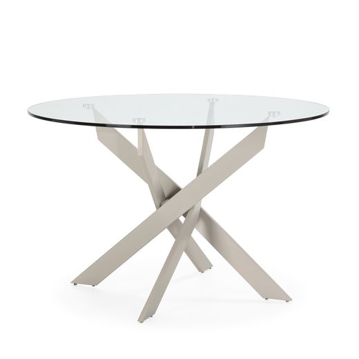 Mesa de comedor redonda de metal y cristal templado en crema, 120 x 120 x 76 cm | Ruth
