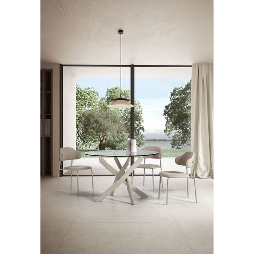 Runder Esstisch aus cremefarbenem Metall und Sicherheitsglas, 120 x 120 x 76 cm | Ruth