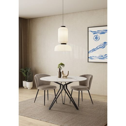 Στρογγυλή τραπεζαρία από συνθετική πέτρα και ασπρόμαυρο μέταλλο, 120 x 120 x 76 cm | Άινα