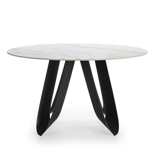 Mesa de comedor redonda de piedra sintetizada y metal en blanco y negro, 135 x 135 x 76 cm | Aila