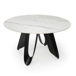 Table à manger ronde en pierre synthétique et métal noir et blanc, 135 x 135 x 76 cm | Aïla