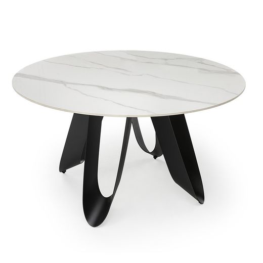 Table à manger ronde en pierre synthétique et métal noir et blanc, 135 x 135 x 76 cm | Aïla