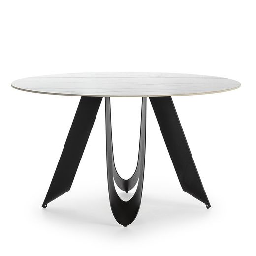 Table à manger ronde en pierre synthétique et métal noir et blanc, 135 x 135 x 76 cm | Aïla