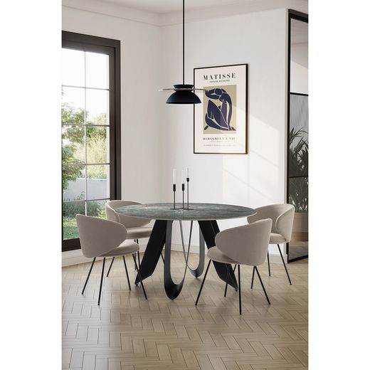 Table à manger ronde en pierre synthétique et métal en vert, 135 x 135 x 76 cm | Aïla