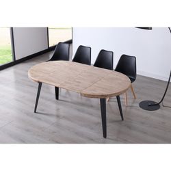 Ausziehbarer runder Esstisch aus honigfarbenem Eichenholz und Metall in Natur und Schwarz, 120 - 160 - 200 x 120 x 76 cm | Berg