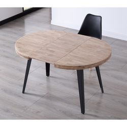 Ausziehbarer runder Esstisch aus honigfarbenem Eichenholz und Metall in Natur und Schwarz, 120 - 160 - 200 x 120 x 76 cm | Berg