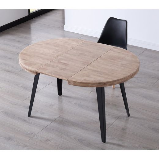 Ausziehbarer runder Esstisch aus honigfarbenem Eichenholz und Metall in Natur und Schwarz, 120 - 160 - 200 x 120 x 76 cm | Berg