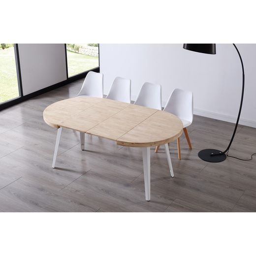 Ronde uitschuifbare eettafel in eikenhout en metaal in naturel en wit, 120 - 160 - 200 x 120 x 76 cm | Berg
