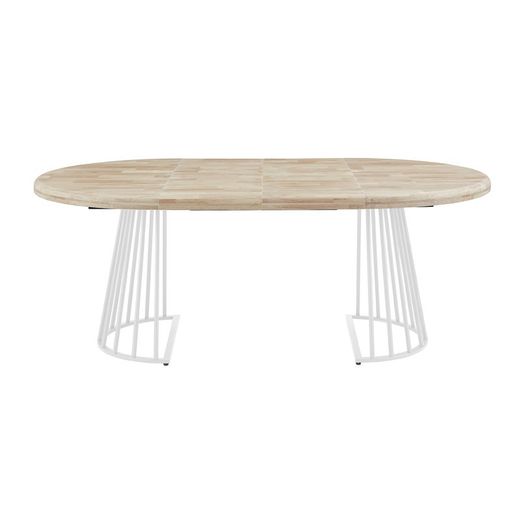 Extendable round dining table made of oak wood and metal in natural and white, 120 - 160 - 200 x 120 x 76 cm | Brad