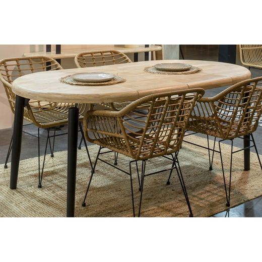 Extendable round dining table made of oak wood and metal in natural and black, 100 - 140 - 180 x 100 x 76 cm | Moon