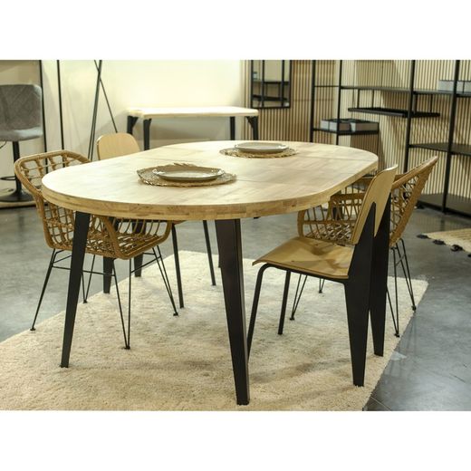 Extendable round dining table made of oak wood and metal in natural and black, 120 - 160 - 200 x 120 x 76 cm | Berg